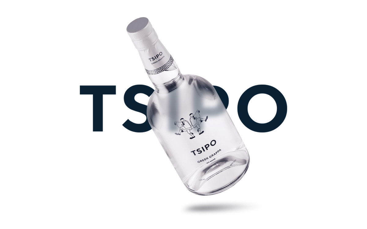 Etikett Tsipo mit Flasche im Vordergrund